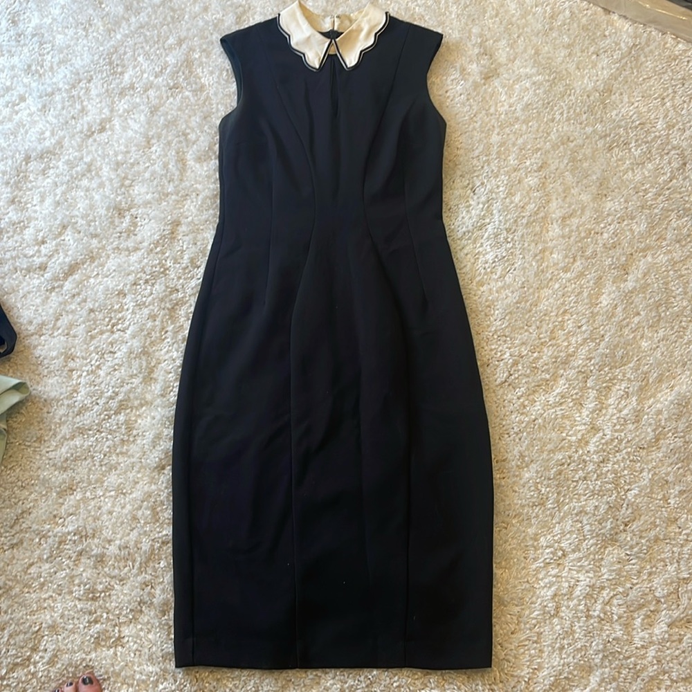 Long black tapered dress with white. Peter Pan collar.